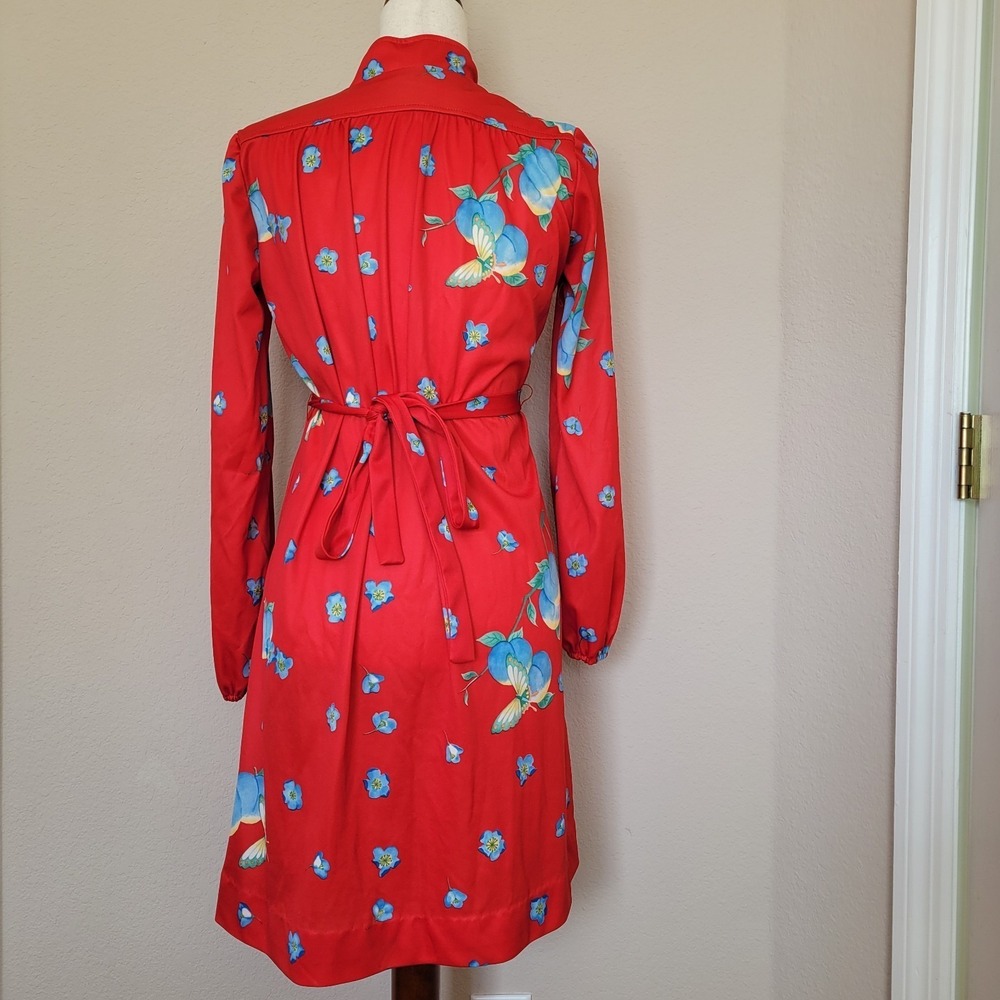 Vintage Red Fit N Flare Dress Size M Prairie Cottagecore Floral 70s Long Sleeve - Picture 4 of 12